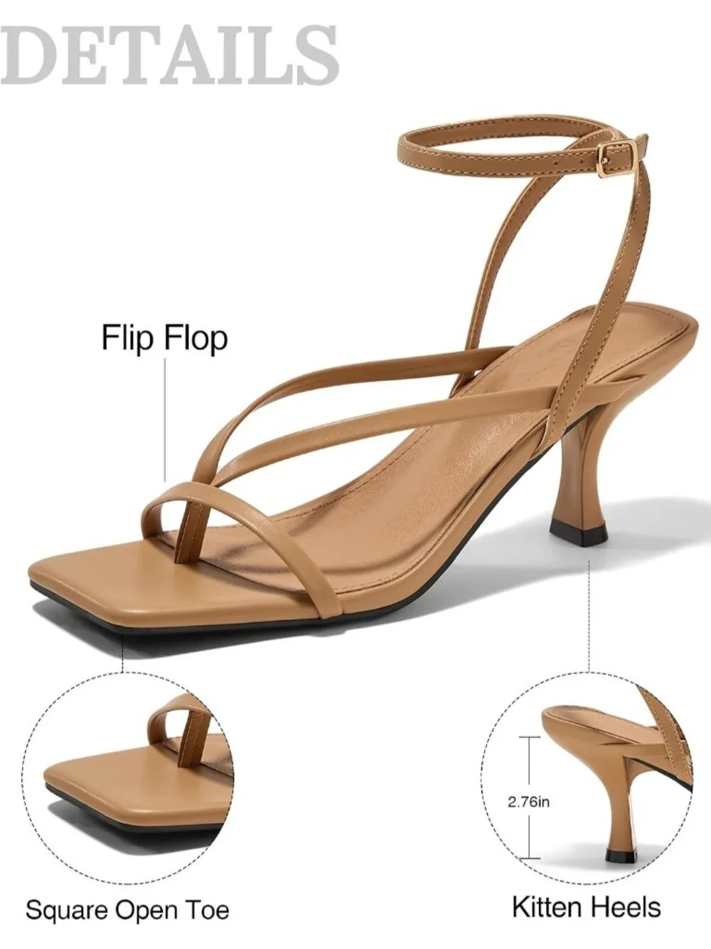Women's Khaki Lace Up Heels Sandal Square Toe Flip Flop Kitten Heel Ankle Strap